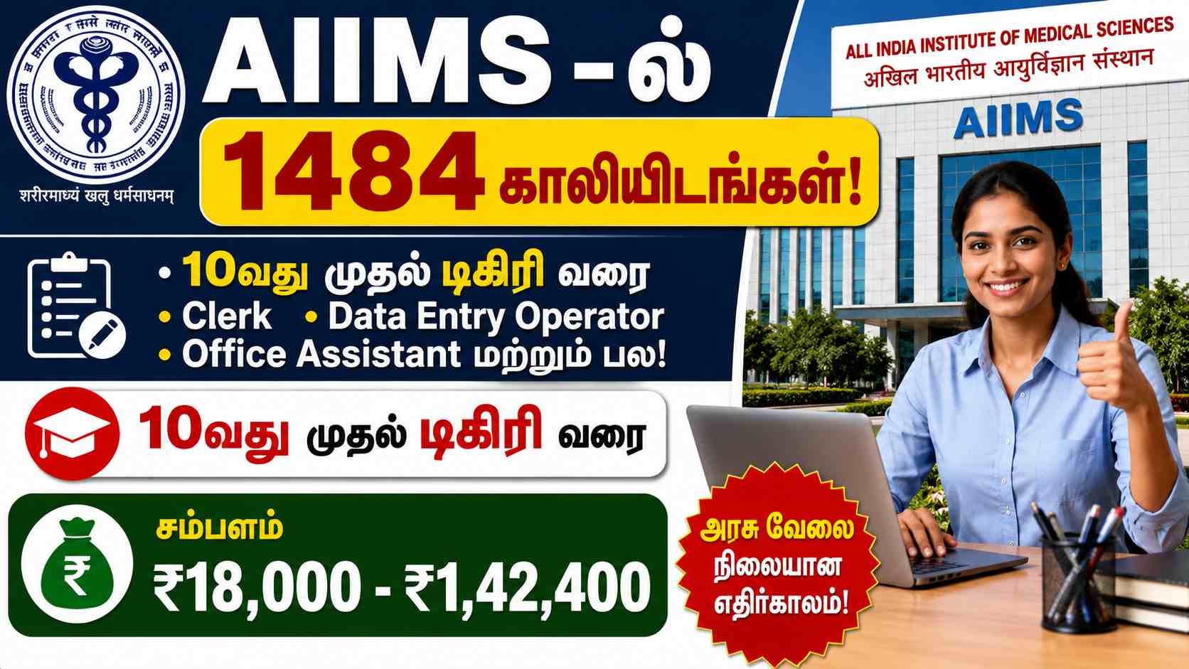 AIIMS-ல் 1484 காலியிடங்கள்! 10வது முதல் டிகிரி வரை படித்தவர்கள் விண்ணப்பிக்கலாம் | சம்பளம் ₹1.42 லட்சம் வரை