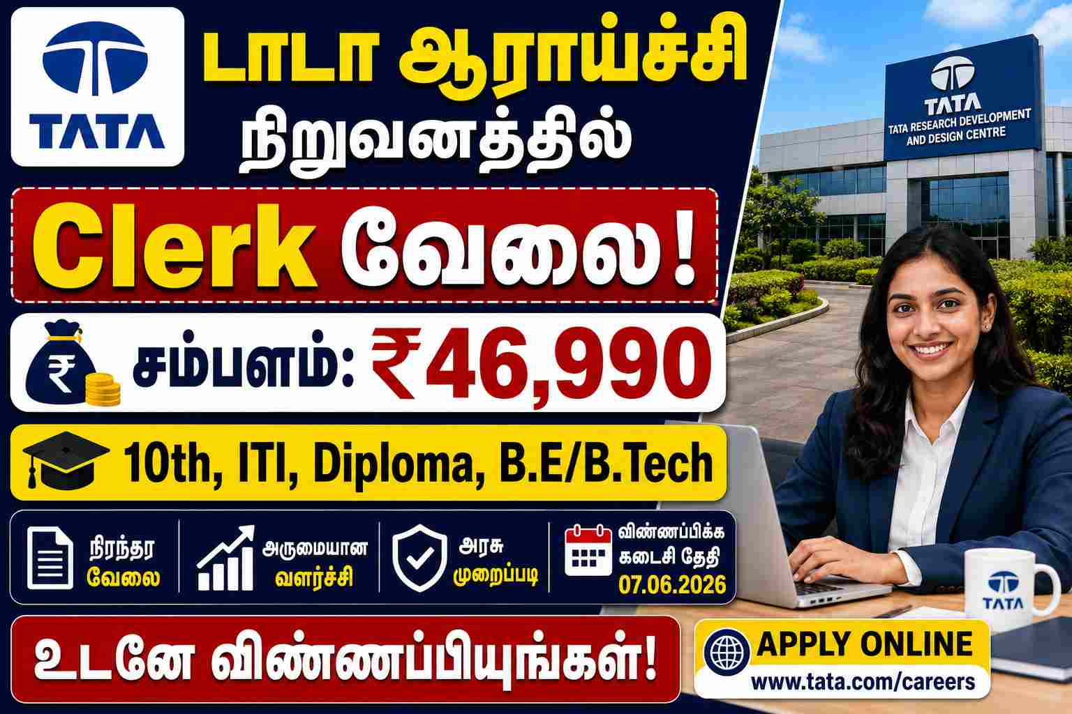 டாடா ஆராய்ச்சி நிறுவனத்தில் Clerk வேலை! சம்பளம்: ₹46,990 | 10th, ITI, Diploma, B.E/B.Tech