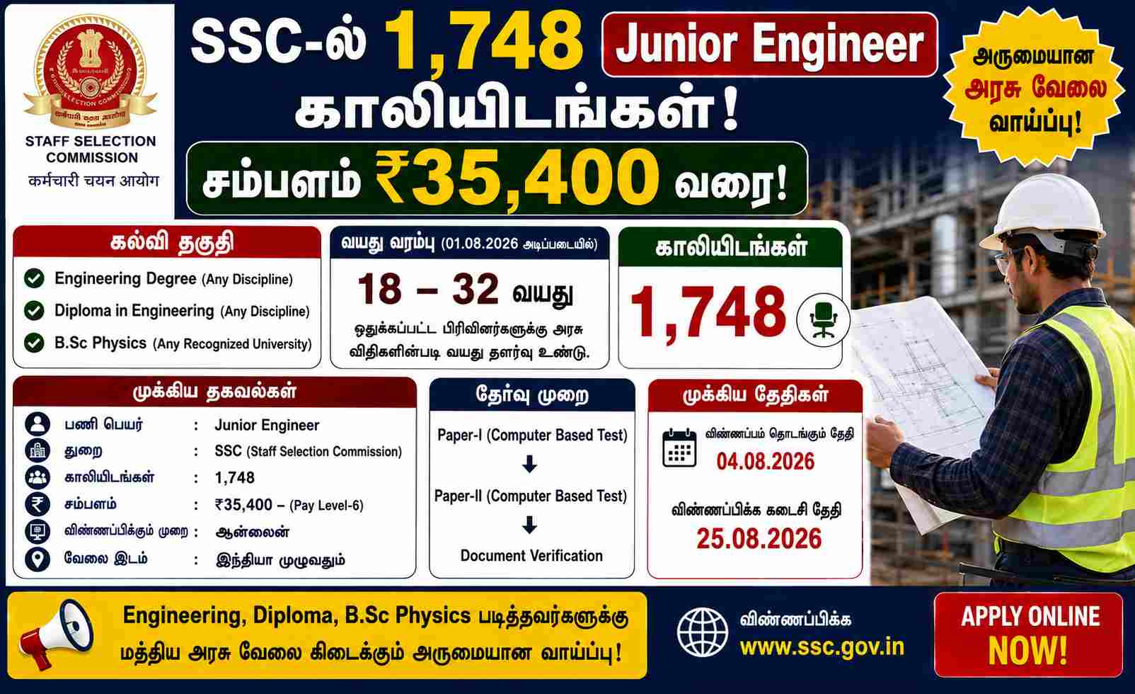 SSC Junior Engineer Recruitment 2026 Out For Vacancy Apply Online